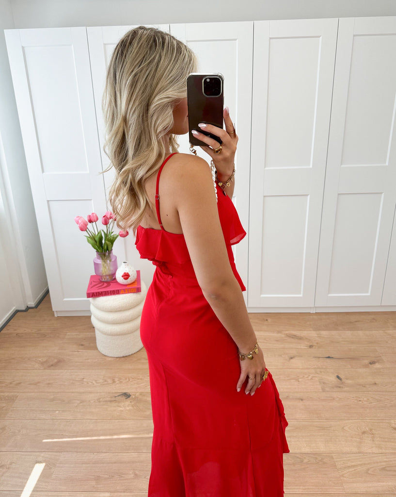 Lange ruffle jurk rood, maxi dress