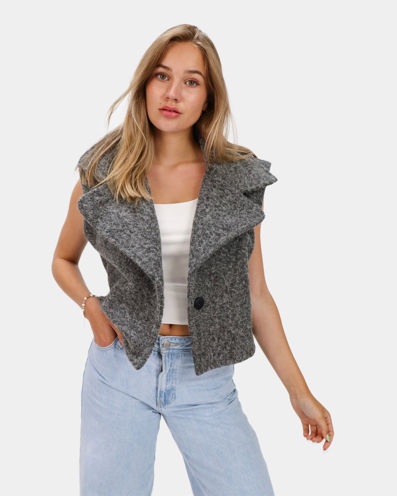 Grijze cropped gilet in wollen look met knoopsluiting