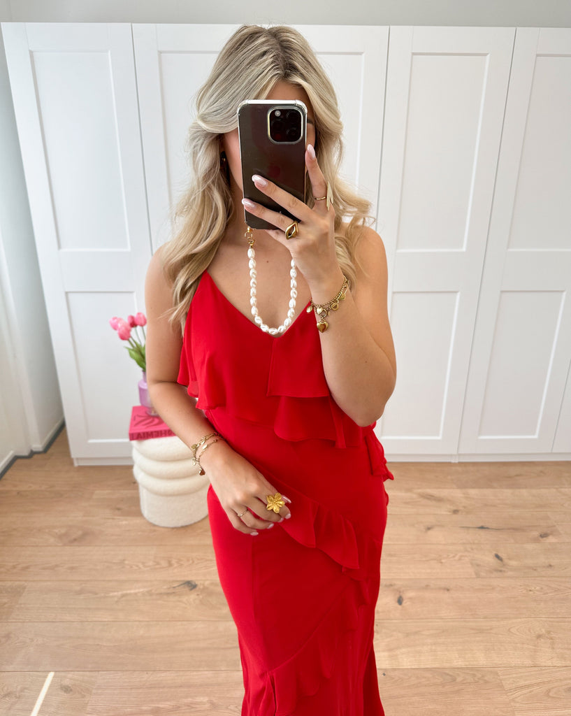 Lange ruffle jurk rood, maxi dress