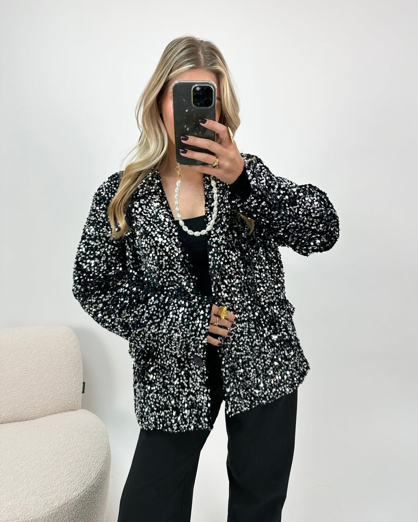 Zwarte blazer met zilveren glitters en knoopsluiting