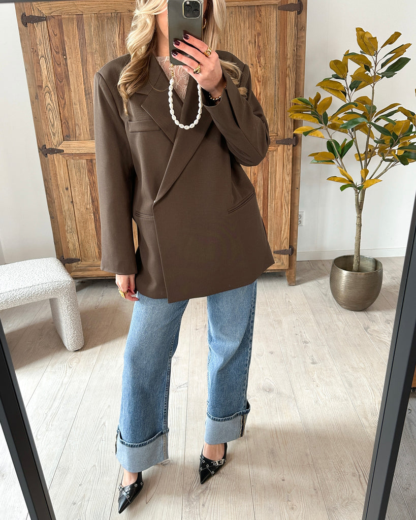 Bruine oversized overslag blazer met drukknoopsluiting