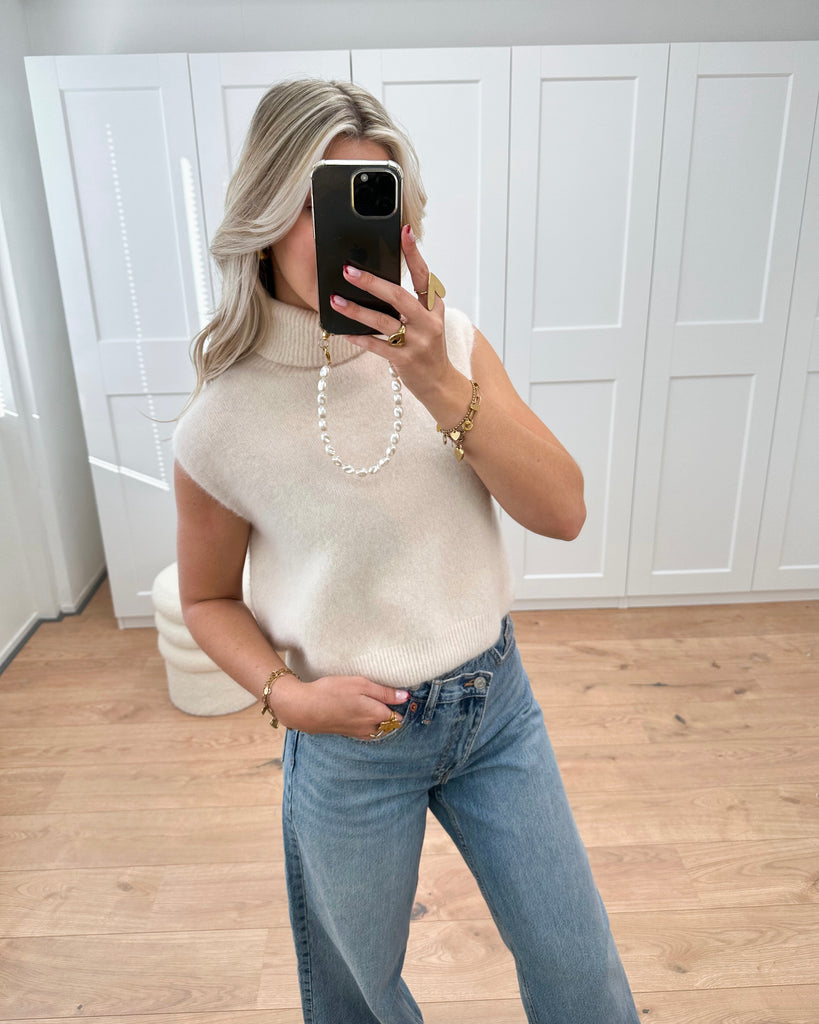 Beige mouwloze top met col