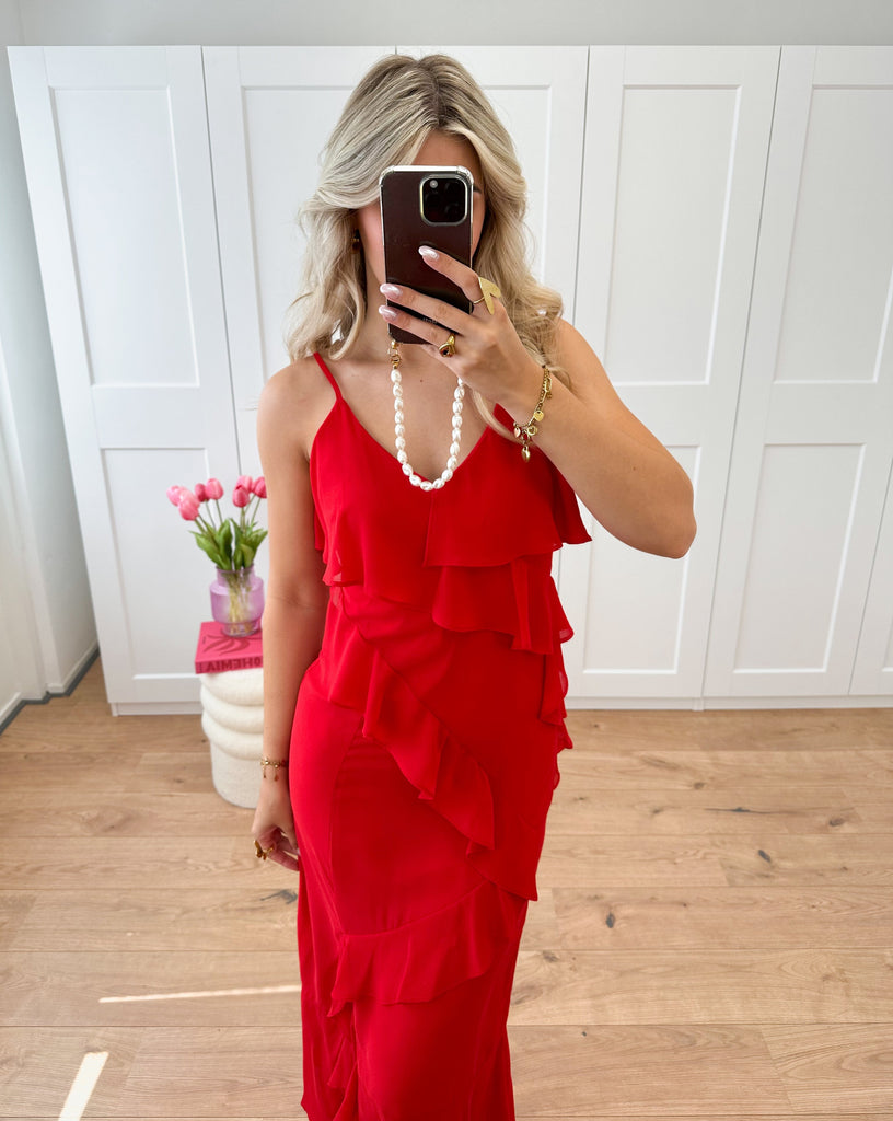 Lange ruffle jurk rood, maxi dress