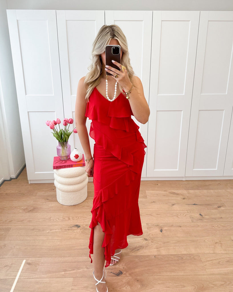 Lange ruffle jurk rood, maxi dress