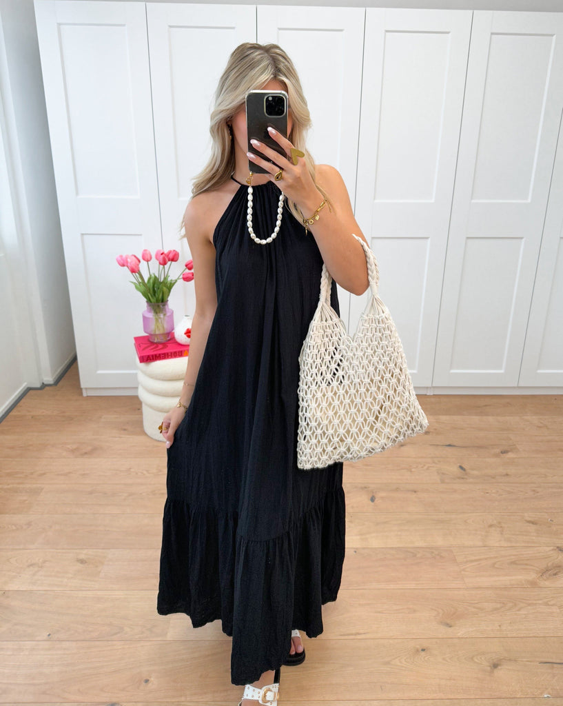 Lange maxi halter jurk zwart